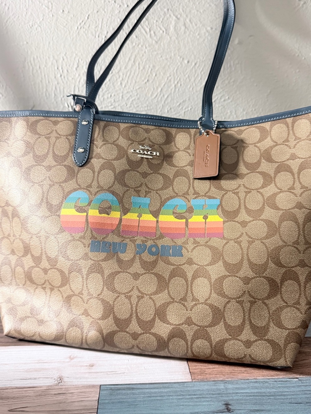 Coach Tan Signature Canvas Tote with Rainbow Logo and Blue Trim.REVERSIBLE!!!